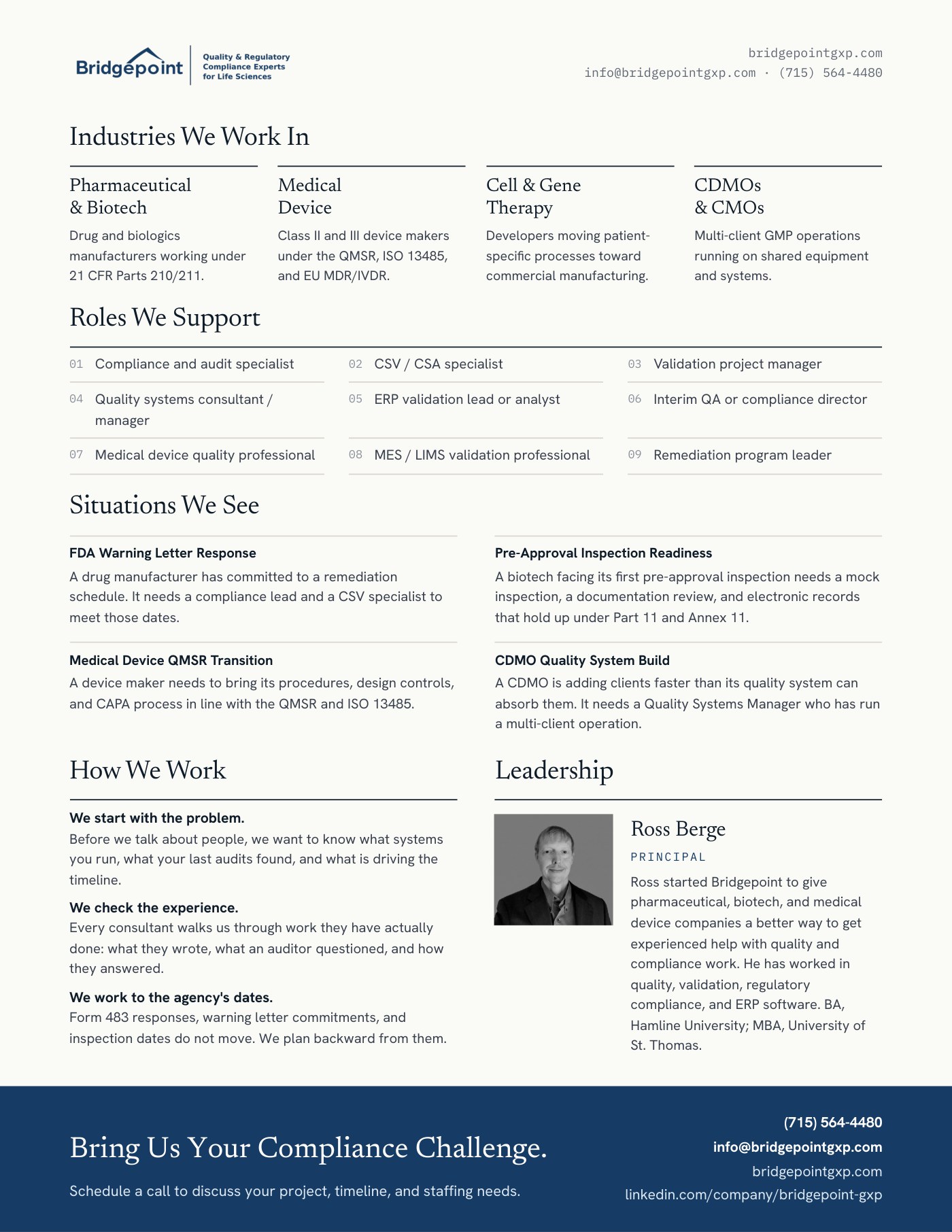 Bridgepoint brochure, page 2: industries, roles we staff, and leadership